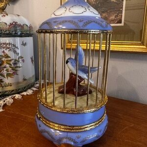 Vintage Blue Imperial Porcelain Bird Cage Trinket Box